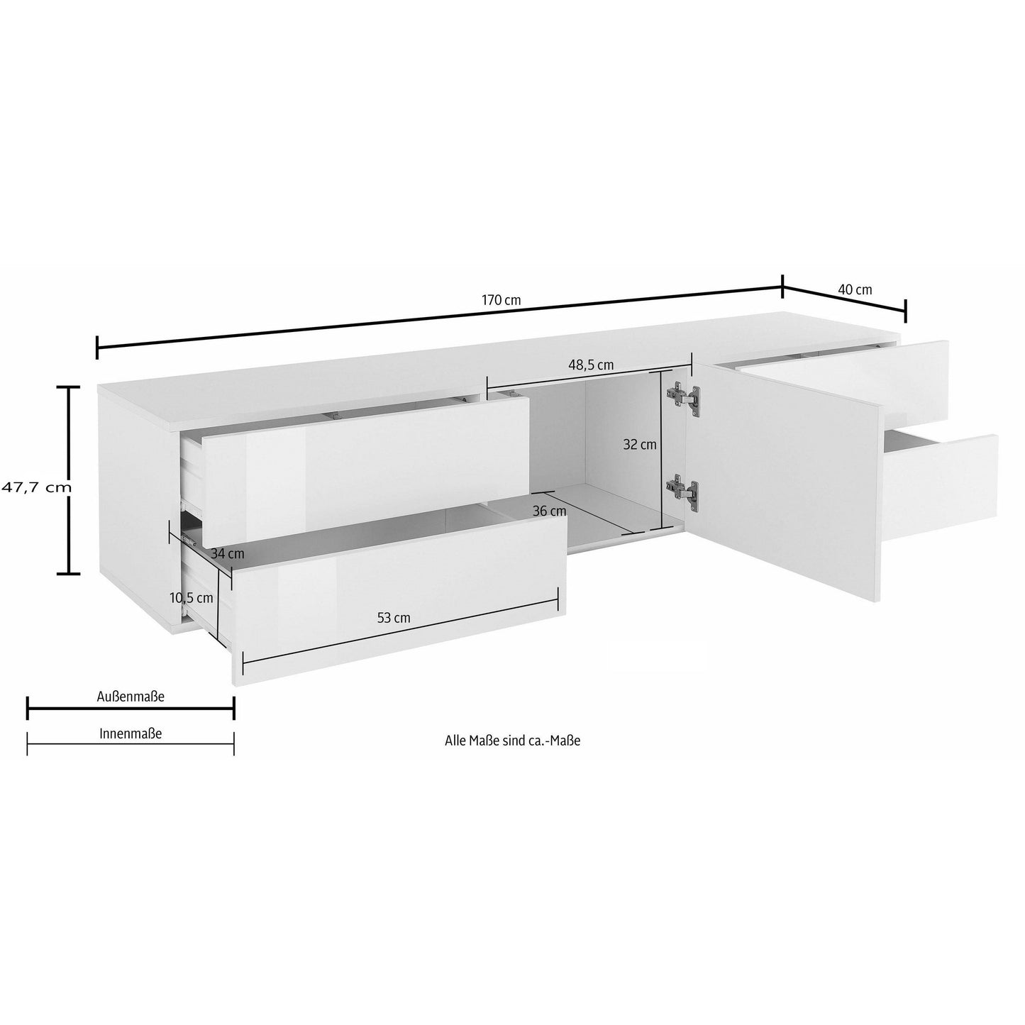 METIS TV meubel 170 metalen poten - Wit hoogglans