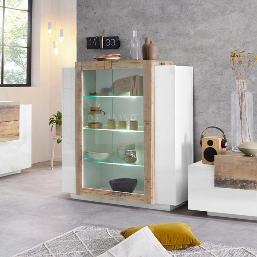 NEW CORO Vitrinekast Wit hoogglans - Perenhout